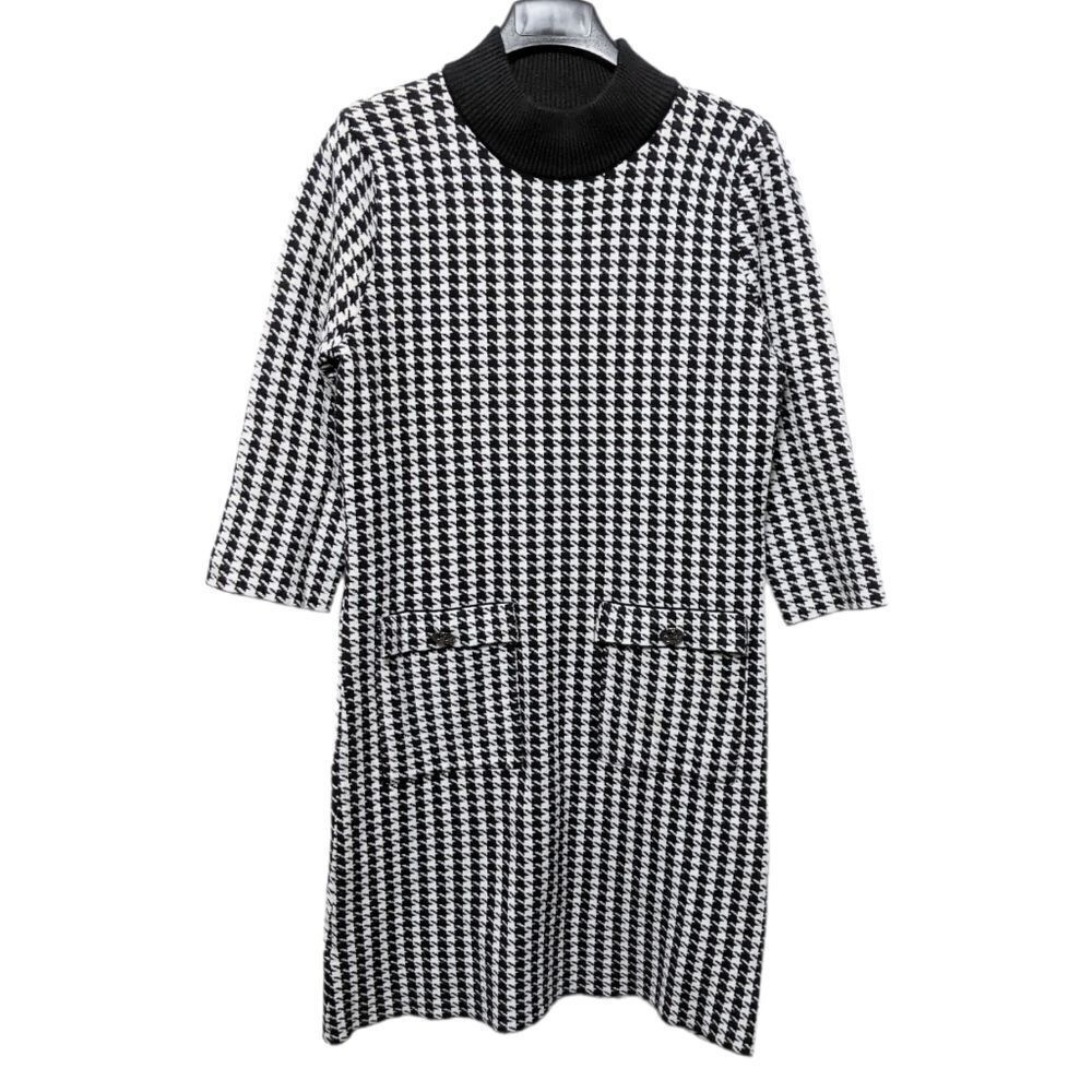 MARINA V Parisian Herringbone Knit Mock Neck Dress M